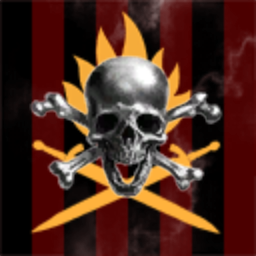 A badass skeleton with explotion in the background logo